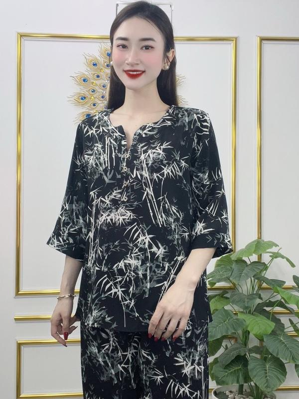 Đồ Bộ Thiết Kế Họa Tiết Đơn Giản Trung Niên Tăng Cho Mẹ - Vải Lụa Size lớn Mã DB52 - Nhà May Trung Niên Áo Nữ Top Women