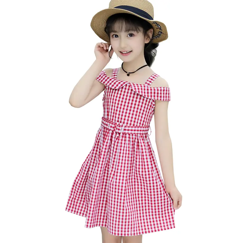 Trang Phục Mùa Hè Cho Bé Gái, Thời Trang, Phong Cách Hàn Quốc, Váy Trễ Vai Sang Trọng, Họa Tiết Kẻ Sọc Cổ Điển Thích Hợp Cho Bé Gái Và Trẻ Em Lớn, 2025 7
