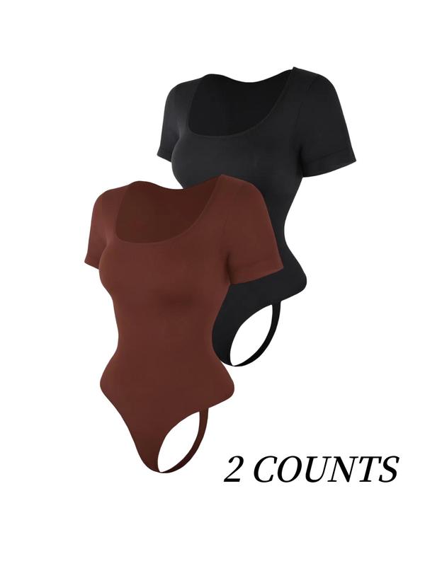 Women's Solid Square Neck Short Sleeve Shapewear Bodysuit, Tummy Control Butt Lifting Button Closure Crotch Shaper, Women's Waistband Shaping Bodysuit for All Seasons, Underwear for Women 2