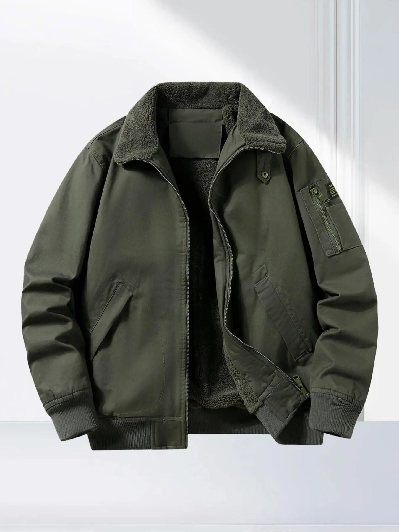Men's Letter Patched Pocket Zipper Jacket, Casual Long Sleeve Thermal Lined Outerwear for Fall & Winter, Men's Clothes for Daily Wear