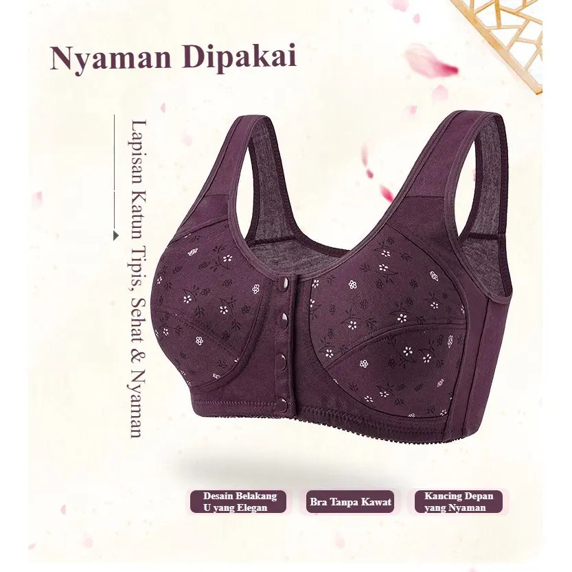 Bra Kancing Depan Wanita Tanpa Kawat Bahan Katun Tipis Nyaman BH Ibu Menyusui Lansia Ukuran Besar BH012
