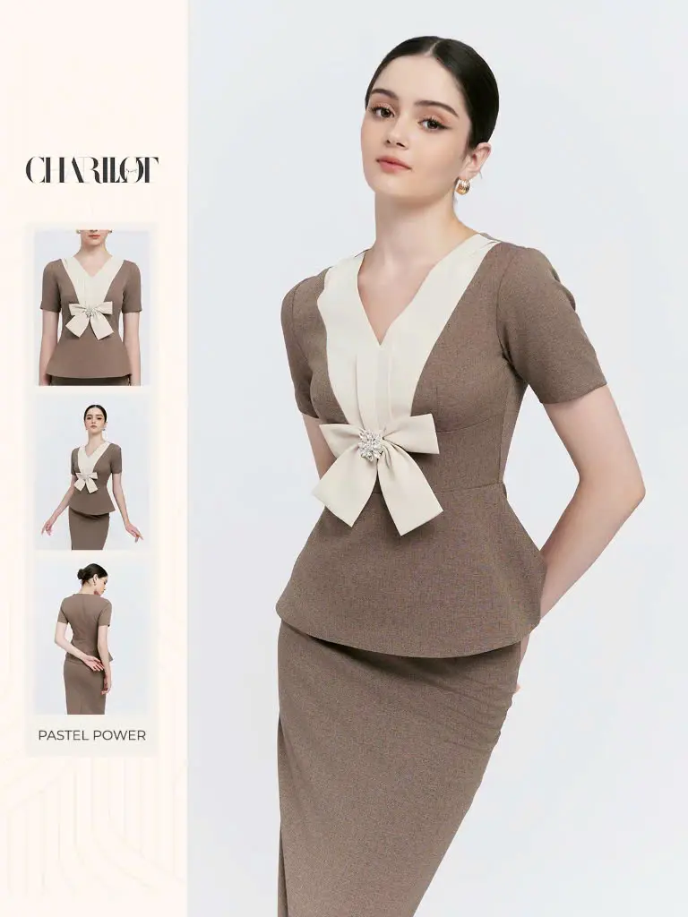 Set Đồ Nữ Nâu Tây Mix Nơ Tag Đá Thiết Kế Cao Cấp CHARLLOT CL240