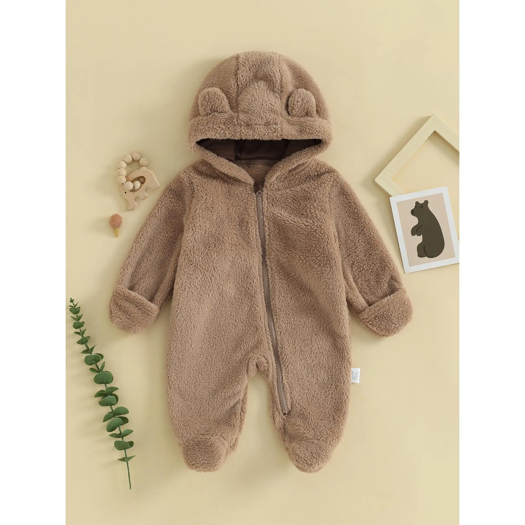Áo liền quần cho bé, áo dài tay có mũ trùm đầu dây kéo đóng cửa quần áo áo cho bé trai bé gái Kem Jumpsuit