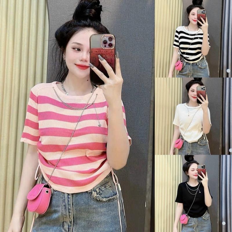 Áo cổ tròn sọc có rút eo 2 bên hông Ôm gọn Kẻ sọc (LUNA STORE) Top Nữ 1