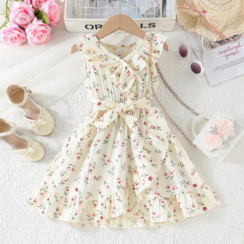 Dress For Kids 4-8 Years old Birthday Ruffled Sleeveless Floral Princess Dresses Ootd For Baby Girl