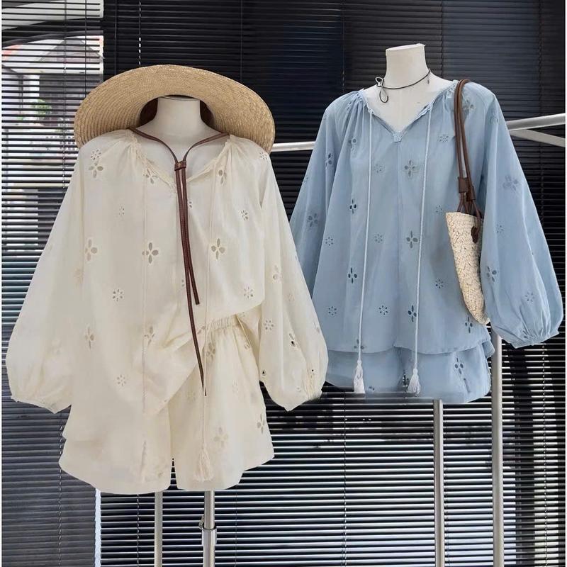 Set bộ đi biển thô boi dài tay, quần đùi cạp chun, mềm mát 2 lớp, màu be và xanh top set bộ