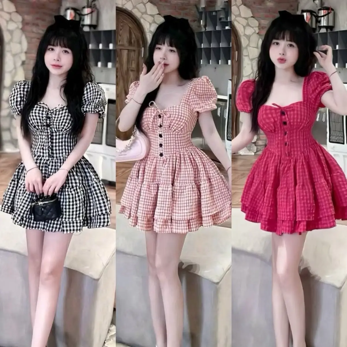 ￼Đầm caro dáng xoè tay phồng phối nút cột nơ tiểu thư - M139