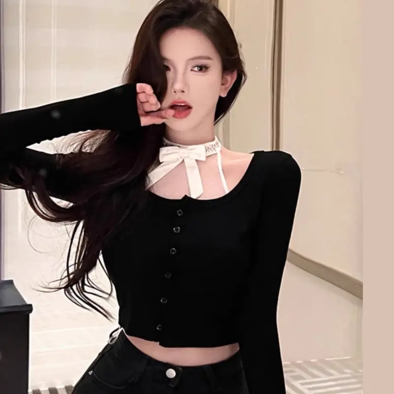Áo Croptop Dài Tay Cúc Giữa Cực Xinh Phong Cách Hàn Quốc Mới Nhất B2 Sơ Mi Nữ Nhung Voi Thun 0