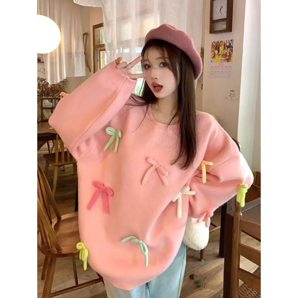 Áo Len Cổ Tròn Màu Hồng Ngọt Ngào Thời Trang Hàn Quốc, Bộ Sưu Tập Thu Đông, Hàng Mới Về, Phong Cách Rộng Rãi Và Lười Biếng, Áo Dệt Kim Nơ, Dành Cho Nữ