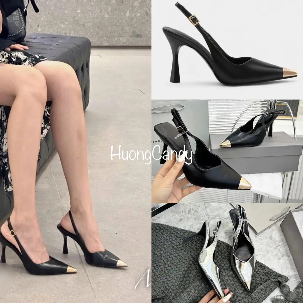 (Lùi 1sz) Giày cao gót mũi kim loại nhọn Cao 9cm