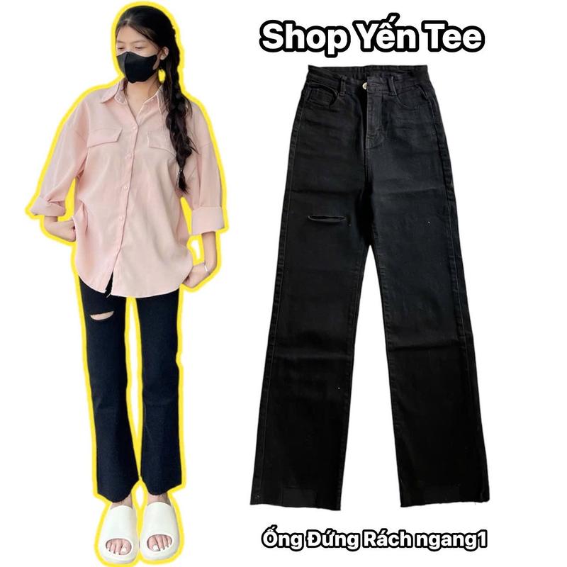 Từ 35kg-60kg Quần ống đứng rách ngang1 Yến Tee Chất jeans cotton mềm,co dãn tốt Nữ Women Pants Denim Có Túi Ong Màu Đen