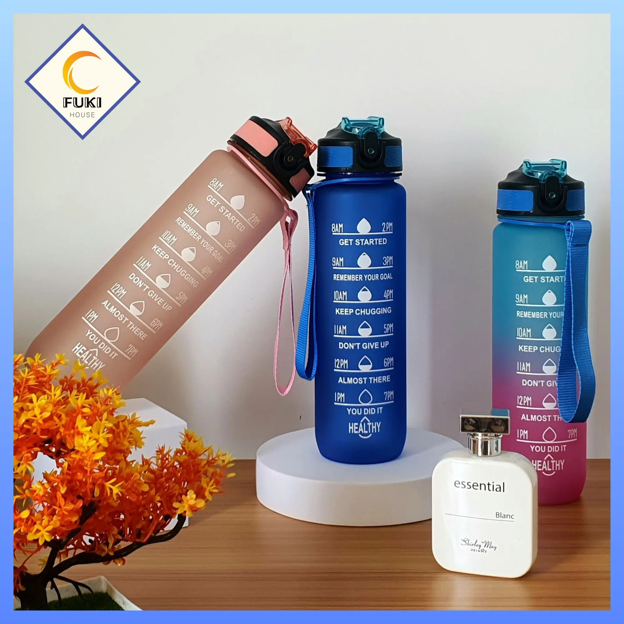 Bình nước dung tích 1L, chất liệu nhựa, nhắc nhở uống nước có quai xách và ống hút tiện lợi