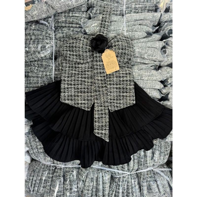 SET ÁO YẾM DẠ CÚP ᵰgực ĐÍNH HOA PHỐI CHÂN VÁY DẬP LI Women 3