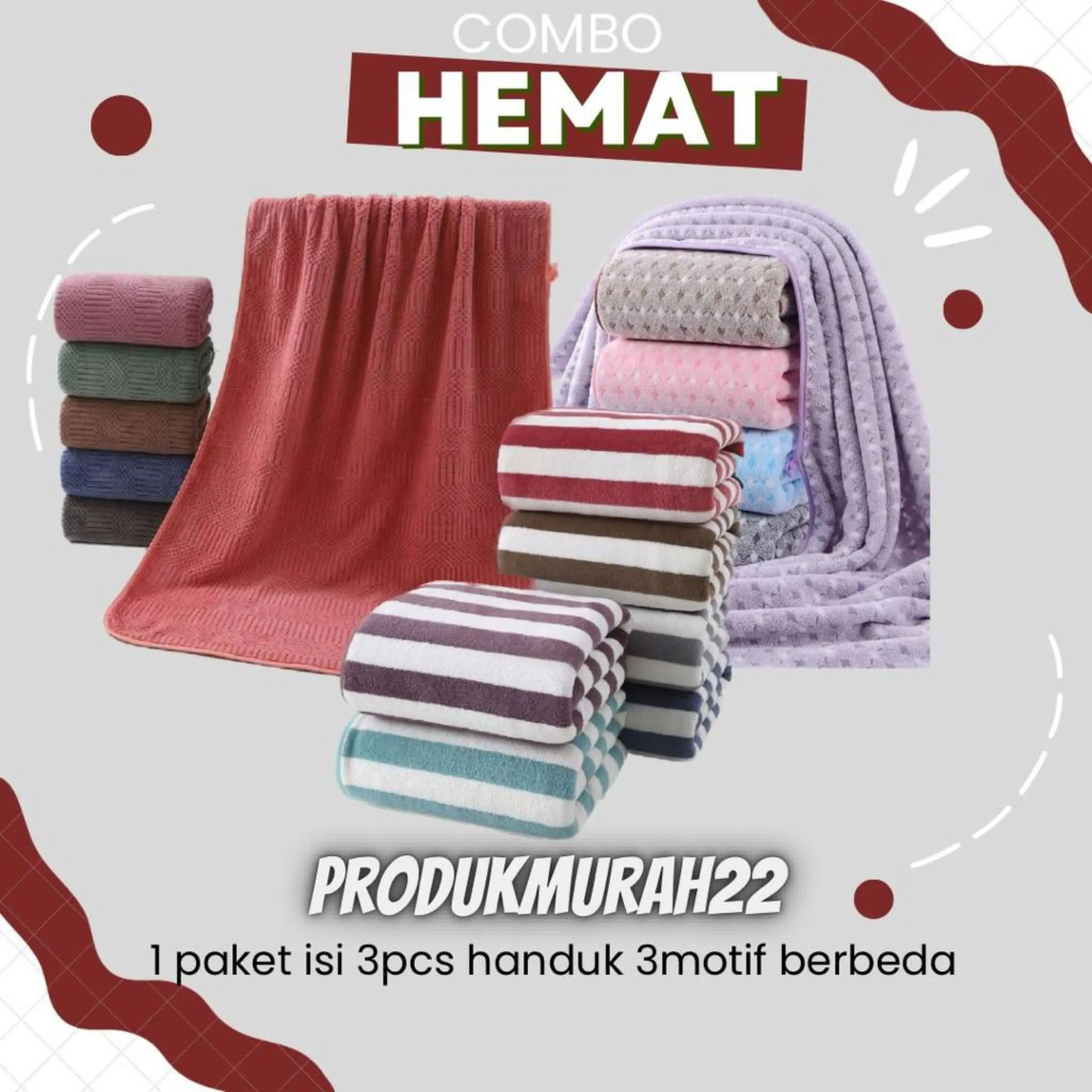 ISI 3 PCS HANDUK 3 MOTIF BERBEDA HANDUK MANDI DEWASA MENYERAP AIR LEMBUT / COMBO 002 microfiber Lembut Murah