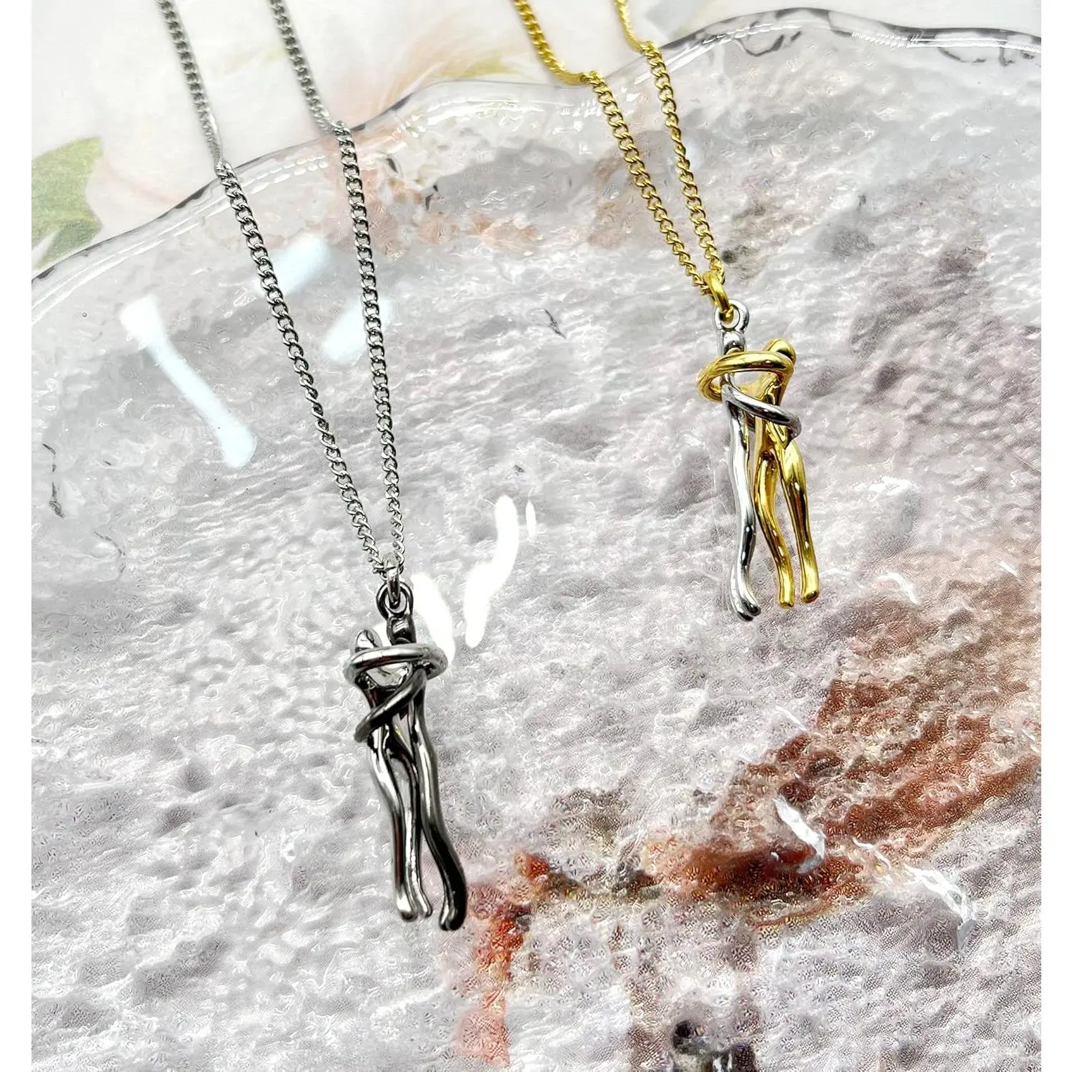 Couple Hug Necklace Set - Romantic Embrace Love Pendant for Him Her Matching 18K Gold Plated Anniversary Birthday Valentine's Day Gift