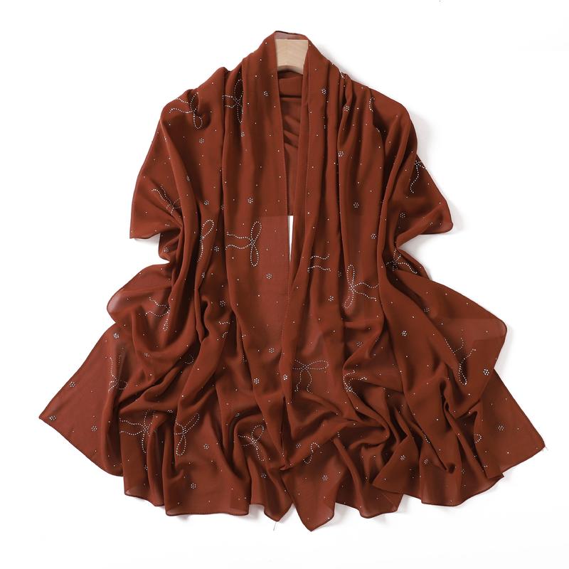 Product Introduction of High-End Heavy Craft Bowknot Rhinestone Solid Color Chiffon Long Scarf Full Rhinestone Shawl Headscarf Cape Scarf Silk Scarf for Women 14