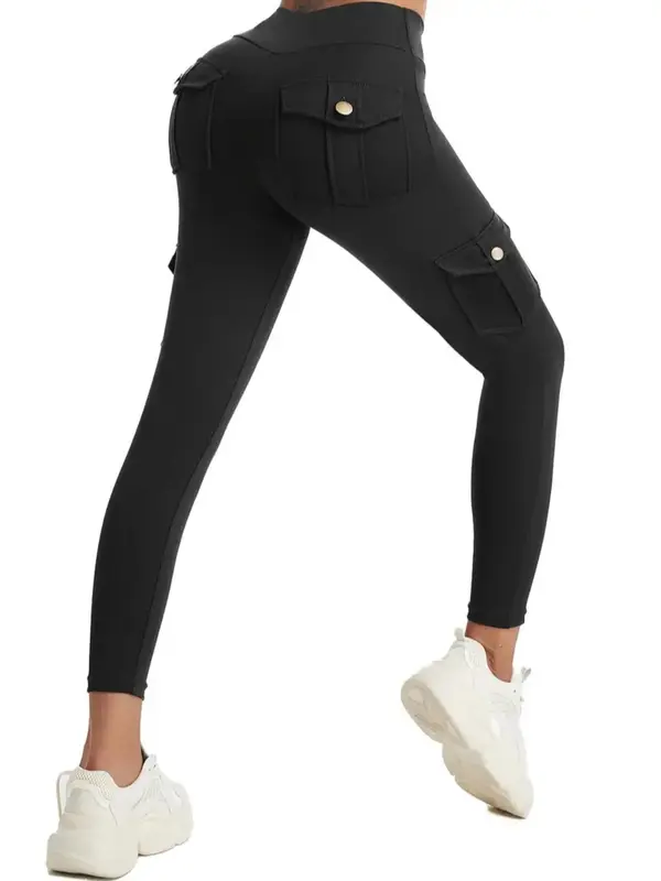 Women's Solid High Waist Pocket Sports Leggings, Sporty Casual Comfy Breathable Skinny Tummy Control Pants for Yoga Gym Workout Running, Ladies Sportswear for All Seasons, Workout Clothes, Activewear, Tight Leggings 2