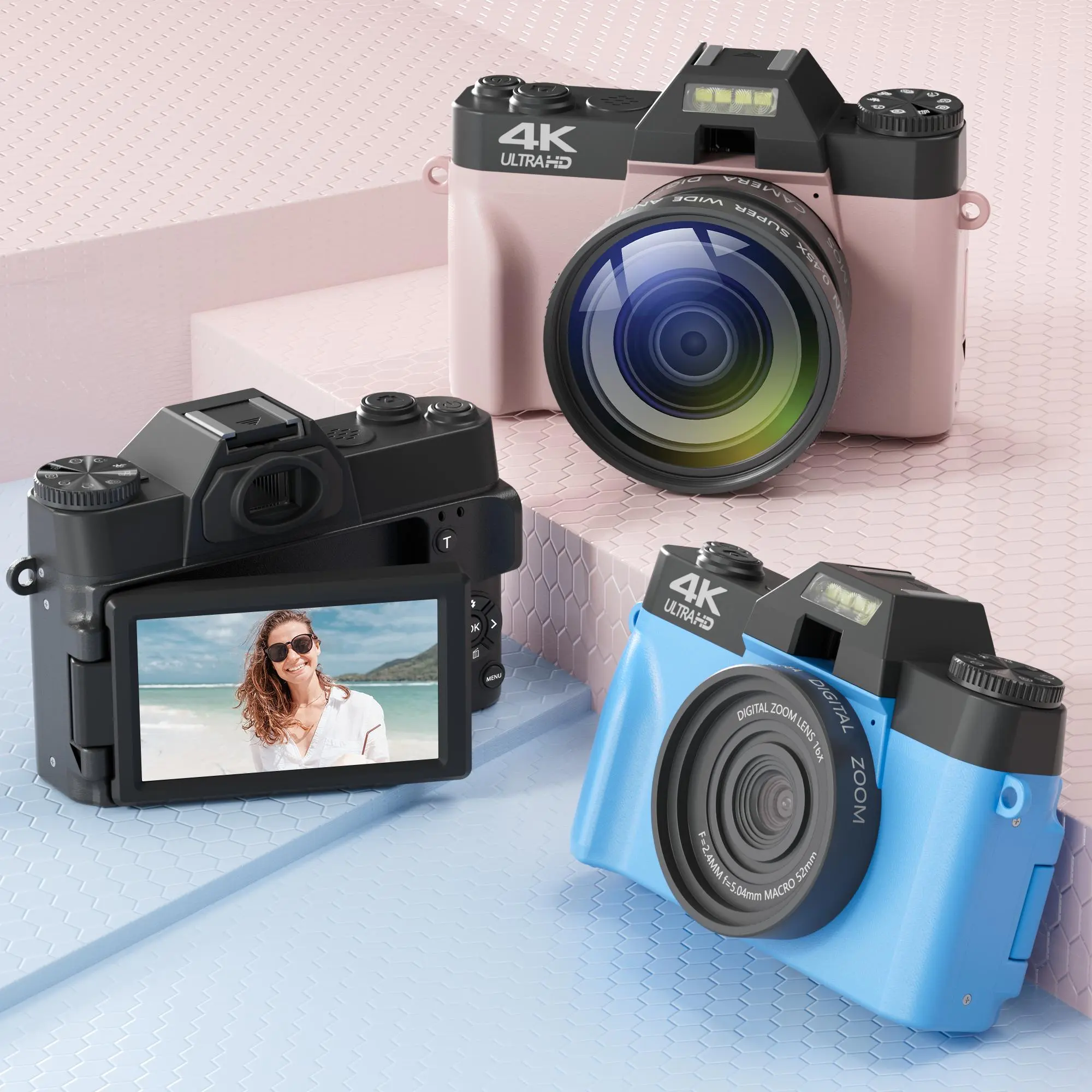 GLOBAL PICK 4K Digital Camera with 180° Flip Screen, 16X Digital Zoom Vlogging Camera, Autofocus Camera, Including Wide Angle & Macro Lens, 32GB TF Card, Ideal Gift Choice, Photographic Kit, Video