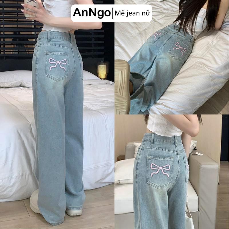 Quần jean ống suông nữ thêu nơ cá nữ tính, chất jean denim dày dặn Anngo - AT463