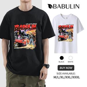 BABULIN 260g printed  Cotton T-shirtSports Car Skull Print T-Shirt unisex Effortless style