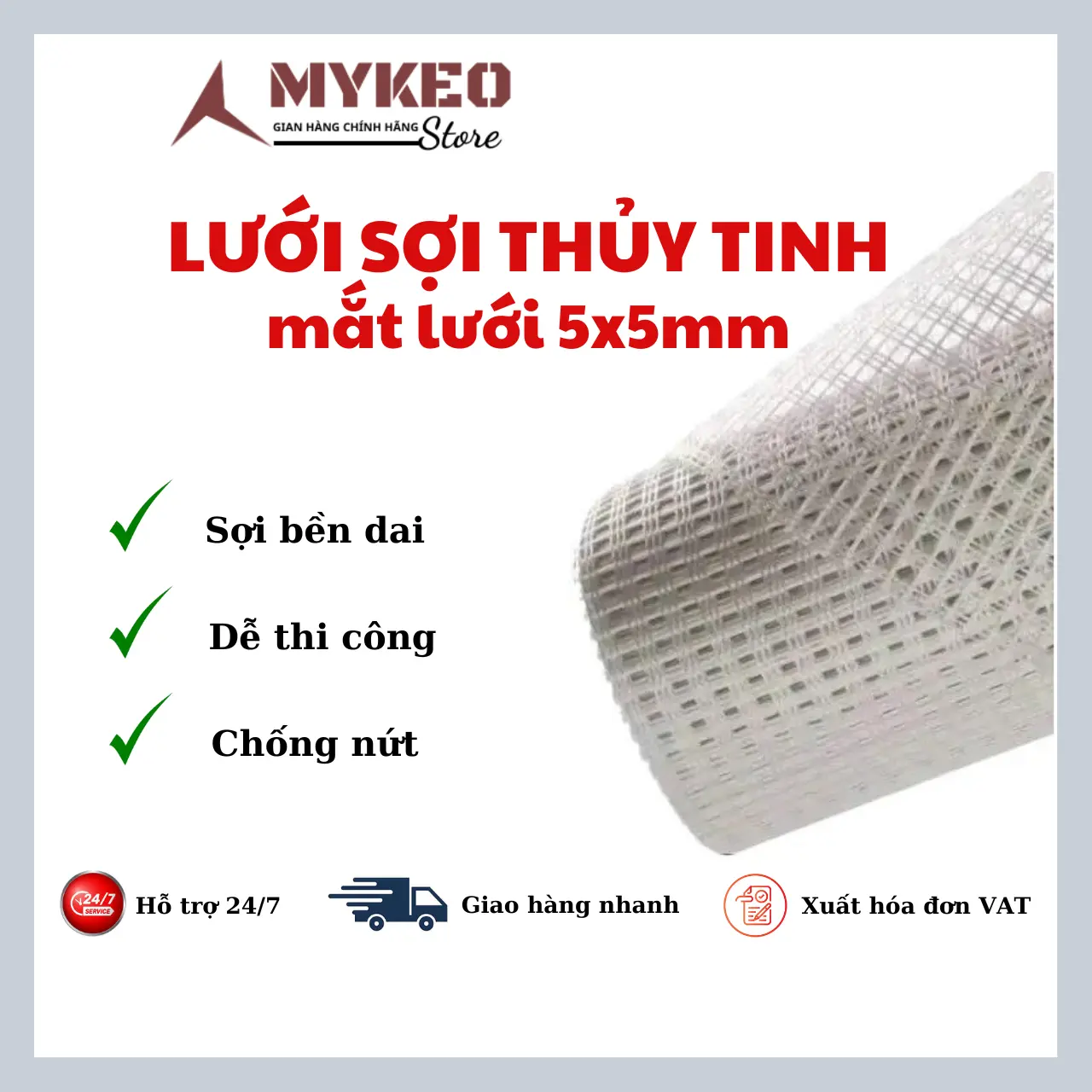 (Bán lẻ) - 1 mét lưới thủy tinh mắt 5 x 5 mm chống thấm khổ 1m