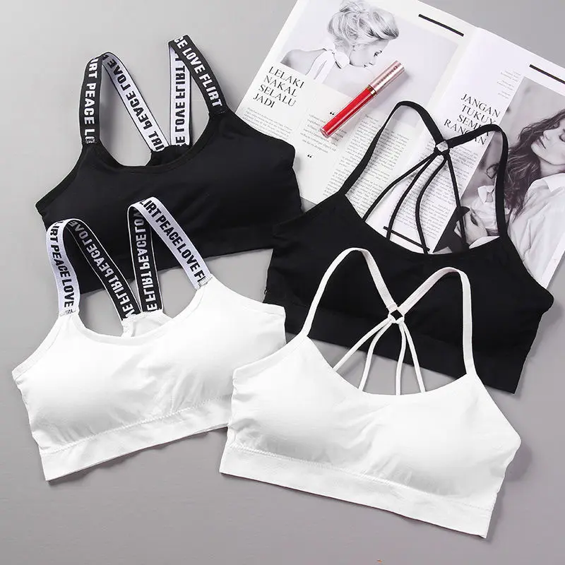 Beautiful back sports underwear wrap letters with parachute bustier type bra girls without steel ring bra bra pads