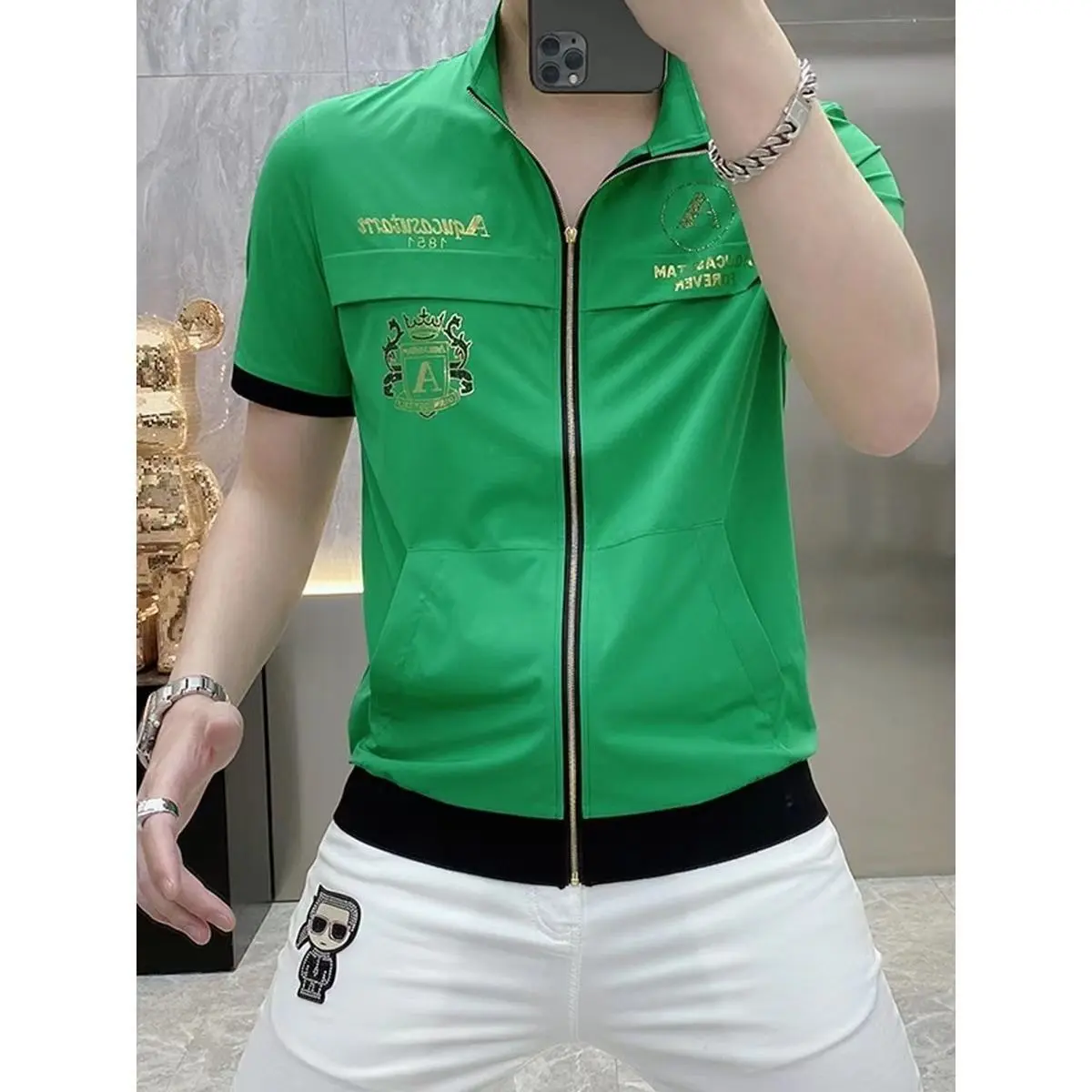 Áo Cardigan Có Khóa Kéo, Trang Phục Mùa Hè, ngắn Tay, Chất Liệu Lụa Lạnh Cao Cấp, Áo Sơ Mi Đi Chơi, Thiết Kế In Hình, Cổ Chân Đế Nhẹ Và Thoáng Khí, Phong Cách Hợp Xu hướng Tay Lửng