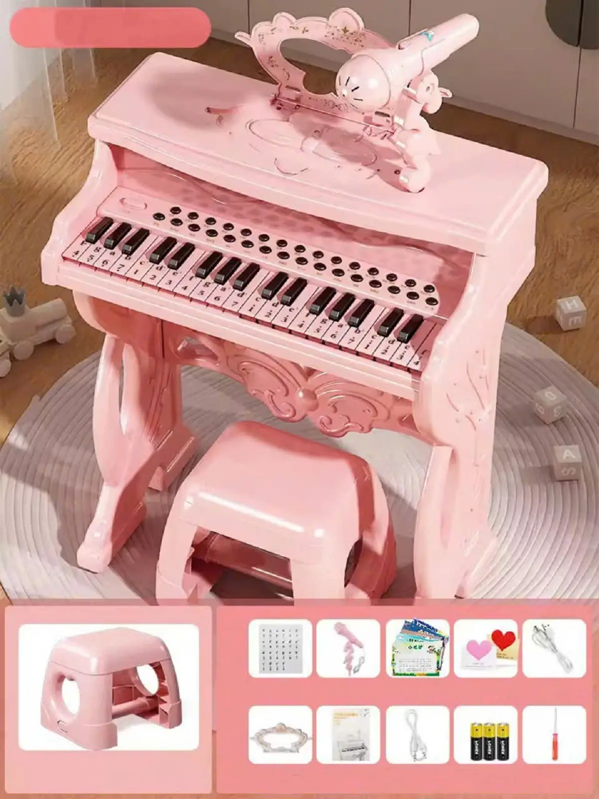 KidToys Đàn Piano Mini đồ chơi cho Trẻ Em - Tặng ghế kèm micro , có kết nối điện thoại giúp bé giải trí và phát triển Phát Nhạc Pin