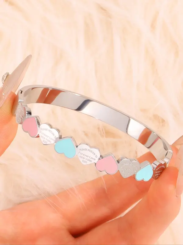 Stainless Steel Heart Decor Bangle, Fashionable Jewelry for Women & Girls, Trendy All-match & Exquisite Jewelry for Birthday Gift 3