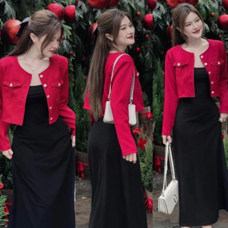 Thời Trang Bigsize - Set Váy Đầm Body 2 Dây Thun Tăm + Áo Khoác Crotop với tone Màu Đỏ Hot Hit Thiết Kế Dự Tiệc Nữ Cao Cấp Xinh Đẹp Sang Trọng Dễ Thương Giá Rẻ 40-95kg Én Nhỏ Có Bigsize Sen set dạ big size noel set dạ big size Polo Voi Quần