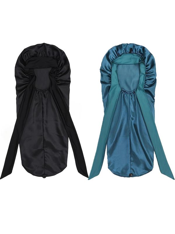 Solid Color Long Satin Bonnet with Bowknot Design (2pcs), Elastic Tie Band Adjustable Straps Jumbo Size Silk Bonnet for Women, Sleeping Bonnet, Fashion Accessories for Daily Use 0