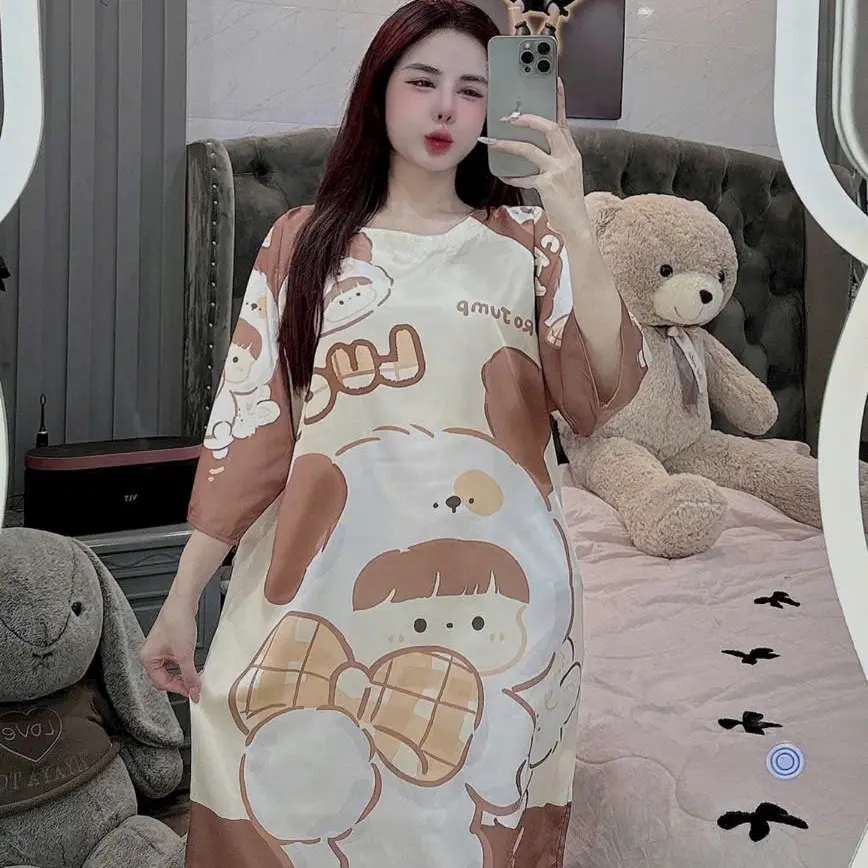 Size 40-65kg- Đầm Lụa Latin Tơ Tằm Cổ Tròn In 5D Full Queen Dáng Suông Mặc Nhà Mềm Mát Cao Cấp VIP206400 Women Nữ Dress Sen Voi