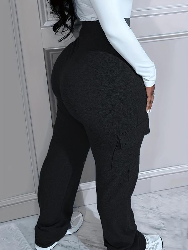 Women's Minimalist Comfy High Waist Pocket Pants, Casual Solid High Rise Trousers for Daily Wear, Women's Bottoms for Fall & Winter 1