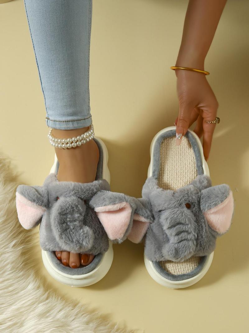 Product Introduction of Women's Cute Cartoon Elephant Design Plush Slippers, Casual Soft Comfortable Home Slippers, Warm Slippers for Indoor & Outdoor Use for Fall & Winter 6