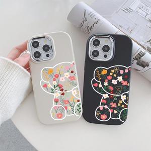 Cute TPU Silicone Case for iPhone 15 14 13 12 11 Pro Max Case 14 15 Plus Case Bear Flower Phone Case Slim Floral Cover with Metal Camera Protection