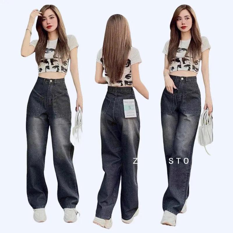 -	Quần jean nữ ống suông rộng, lưng cao, thoải mái, mang nét "cool ngầu" phối 2 túi trước xéo cá tính -Fashion Shop Diễm Thư M1246 3