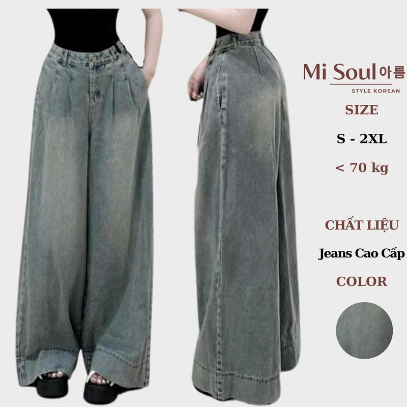 Quần Jeans Ống Suông Cạp Cao Chiết Eo Thiết Kế Gập Gấu BigSize , Quần Bò Dáng Rộng MiSoul 404