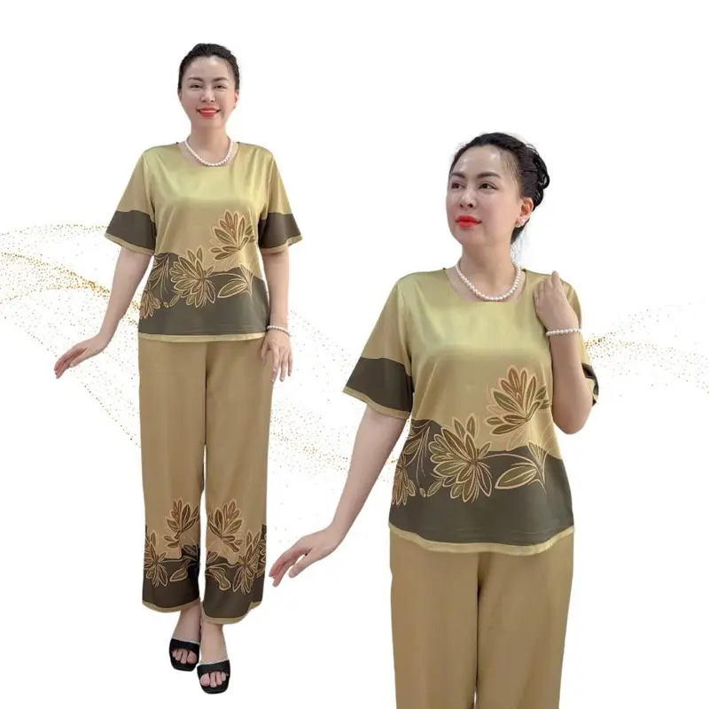 Y36 Đồ bộ trung niên lụa LATIN tay ngắn quần dài họa tiết hoa đồng tiền có size thoải mái,  mặc nhà hay ra phố Nữ Women Thun