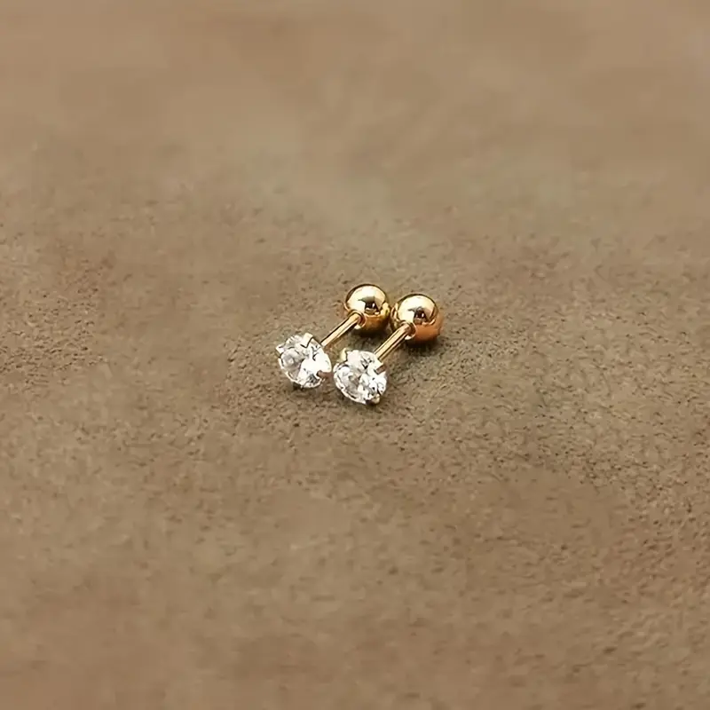 3-Pair Set, 18K Gold Plated Stainless Steel, Exquisite Simple Round Ball Twisted 4-Prong Set Cubic Zirconia Earrings, Gift Box Included 7
