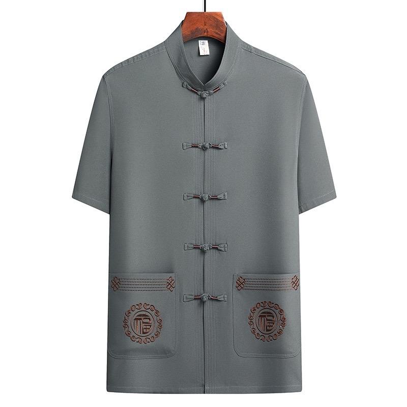 Áo Sơ Mi nam trung niên cổ tàu tay ngắn thêu long Phượng, thêu họa tiết vải thô đũi nhẹ mát, quà tặng cho bố Menswear Shirt