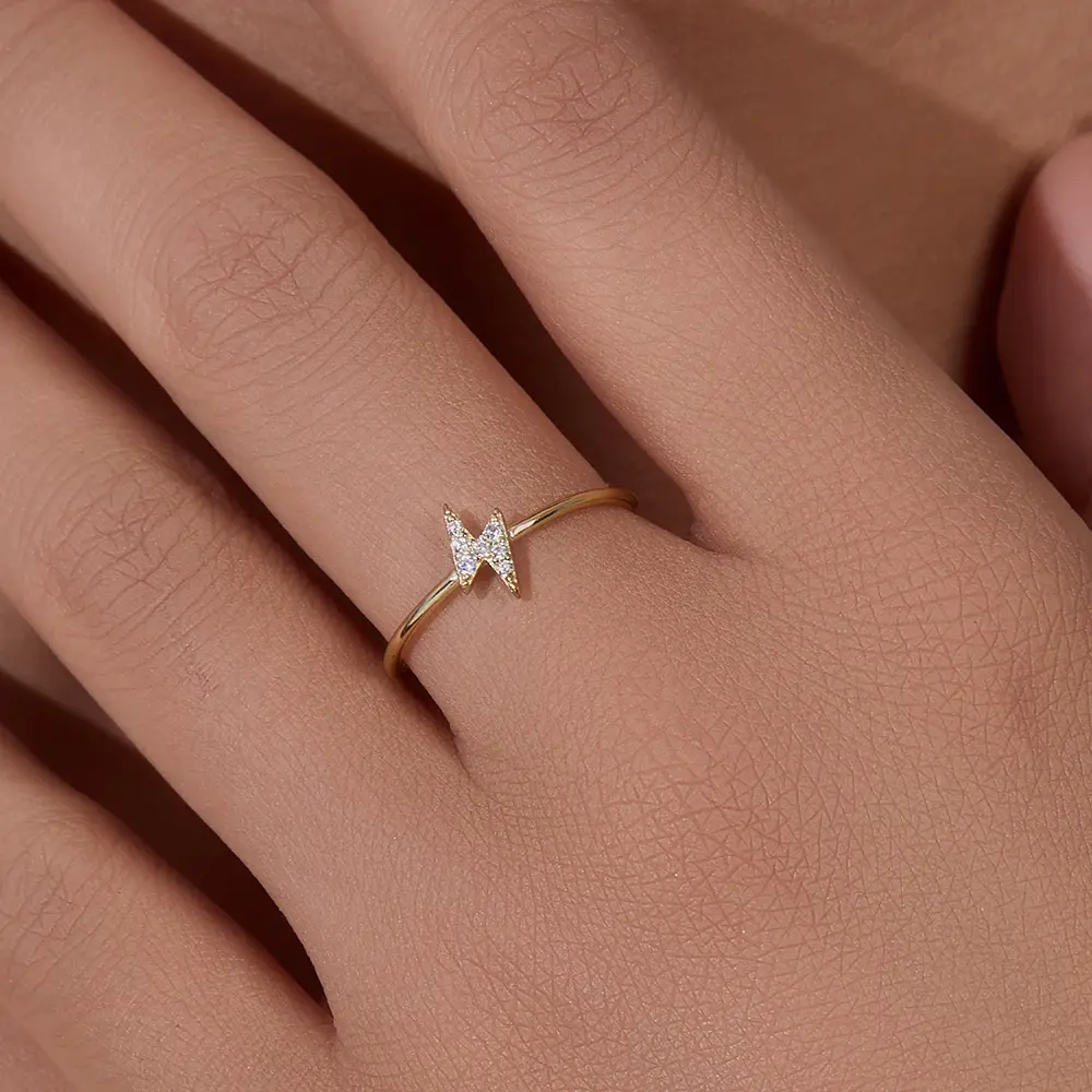 Trendy Lightning Ring 925 Sterling Silver Gold Plated White CZ For Girls Delicate Jewelry