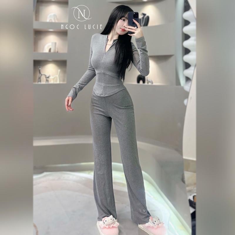 S296 - Set Đồ Nữ Áo Tay Dài Dây Kéo Trước + Quần Ống Suông Vải Bozip - Ngọc Lucie Women