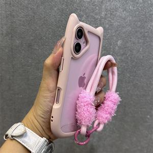Cute Cat Ear With Lanyard Transparent Case For iPhone 12 13 14 15 16 Pro Max 11 Shockproof Hard Acrylic Back Cover Soft Silicone Kawaii Funda