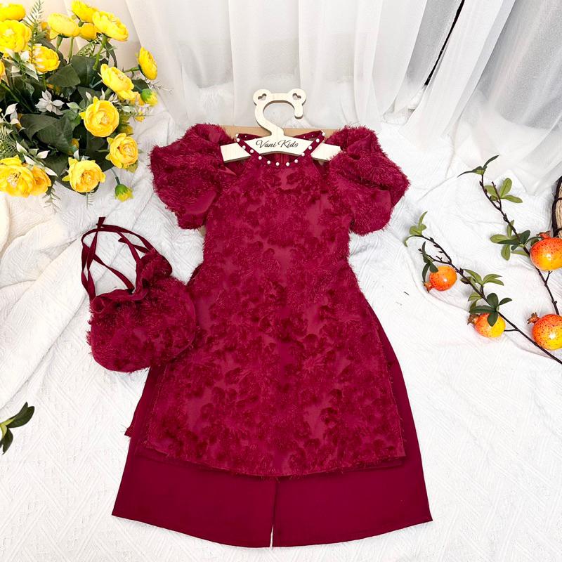 AD21 (Kèm Túi ) Sét Áo Dài Cổ Yếm Tay Bồng Lông Yến Phượng Phối Quần Lụa Cho Bé Gái 2025 Vani Kids
