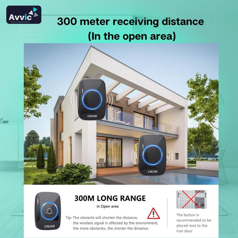 Avvic x CACAZI Wireless DoorBell Waterproof 1 Receiver 2 Transmitter Baterai Bel Black Pintu White Kotak 7