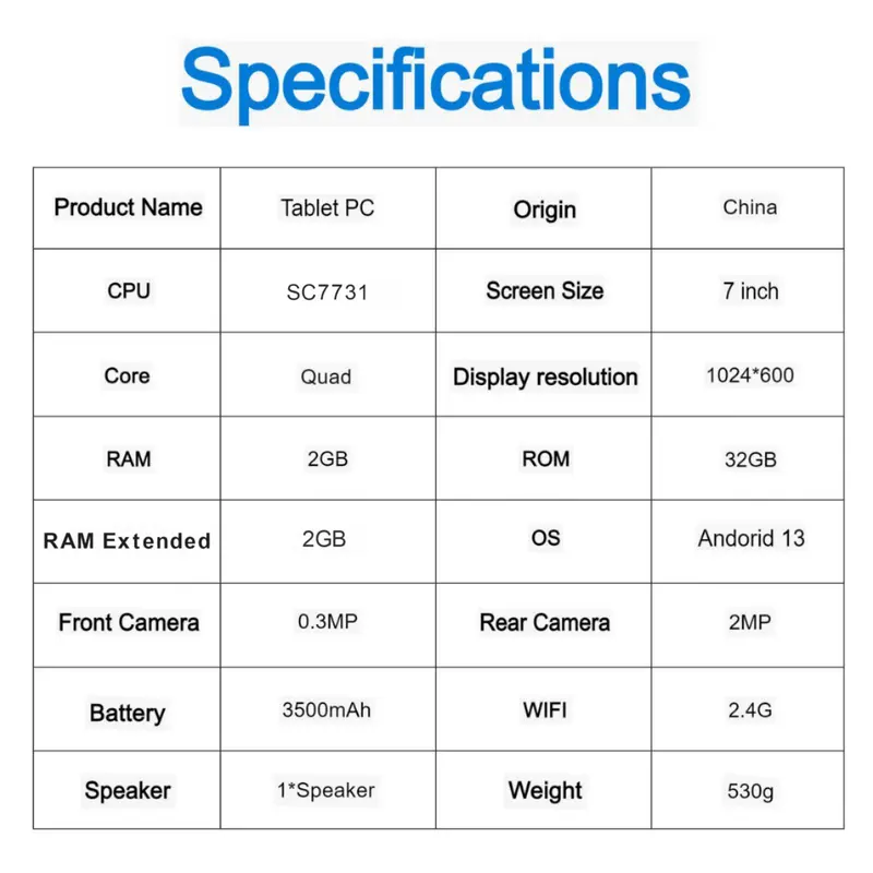 7 Inch Smart Tablet, 32G Android 13 Tablet with Silicone Protective Case & Holder, Educational Tablet, Gaming Tablet, Learning Tablet 7