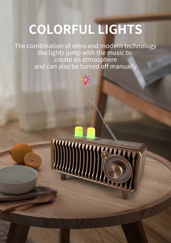 Product Introduction of CyborisT7 20W Retro Bluetooth Speaker Radio Walnut Wood Vintage Rotary FM Radio Dual Speakers Stereo Support USB/TF/AUX Player 12