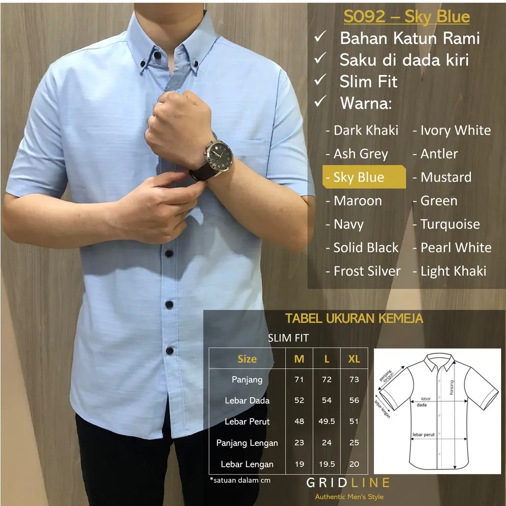 [GRIDLINE - S092 Colorful Premium Basic Series Part 2] Kemeja Pria Polos Slimfit Katun Rami Premium Best Seller M-XXL