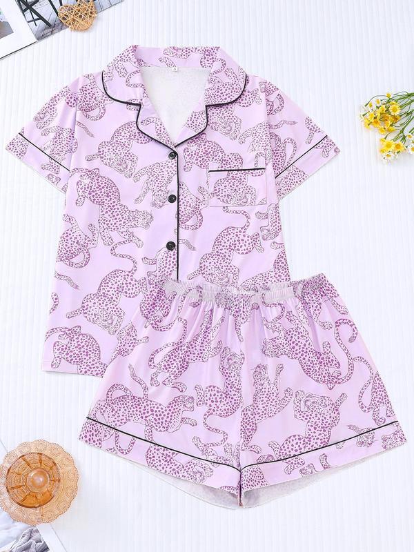 Women's Cartoon Print Contrast Binding Pocket Lapel Shirt & Elastic Waist Shorts Pyjama Set, Casual Comfy Button Front Short Sleeve Top & Shorts Pj Set, Pyjamas for Women, Pajamas, Ladies Sleepwear, Pyjamas for Women 2