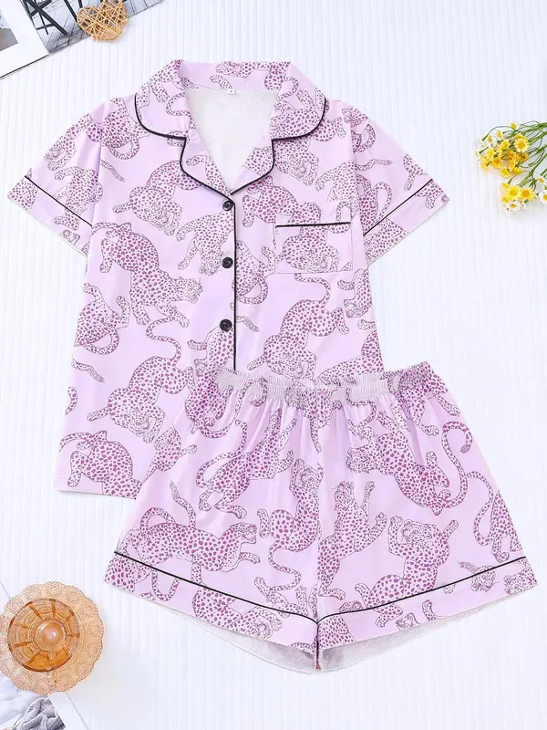 Women's Cartoon Print Contrast Binding Pocket Lapel Shirt & Elastic Waist Shorts Pyjama Set, Casual Comfy Button Front Short Sleeve Top & Shorts Pj Set, Pyjamas for Women, Pajamas, Ladies Sleepwear, Pyjamas for Women, Homewear, Womens Clothes 2